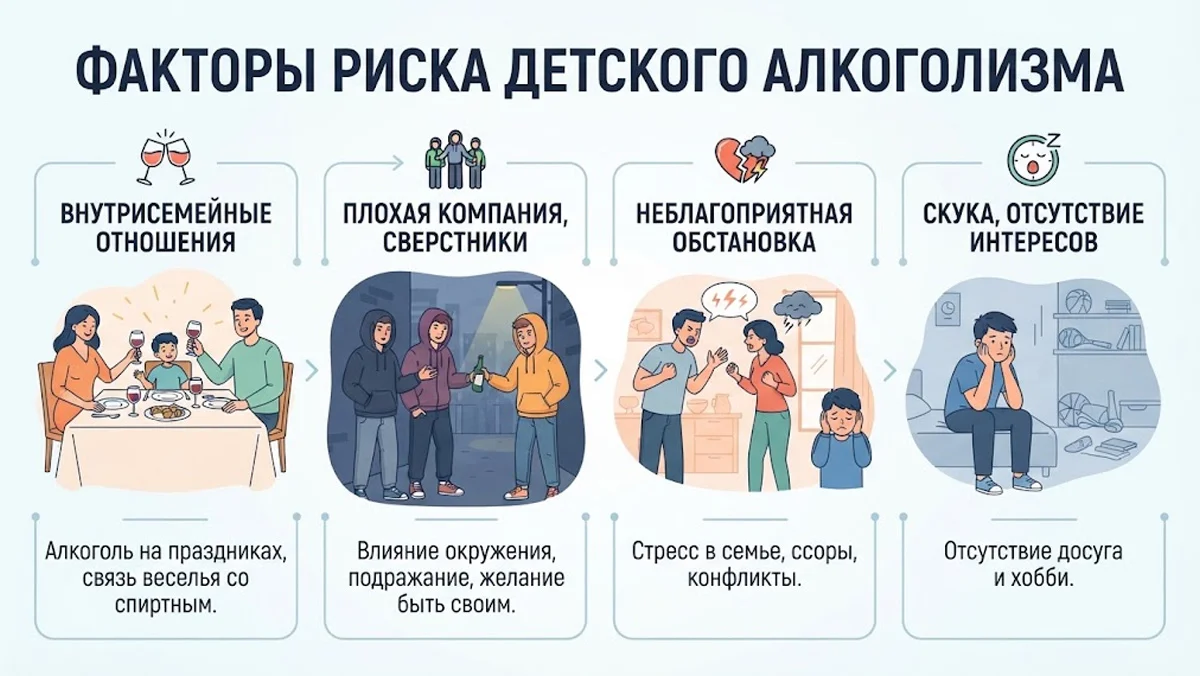 Инфографика: факторы риска детского алкоголизма (внутрисемейные отношения, влияние плохой компании, неблагоприятная обстановка в семье, скука и отсутствие досуга).
